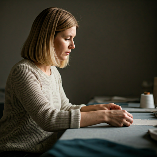 Close-up portrait of a woman working with fine textiles