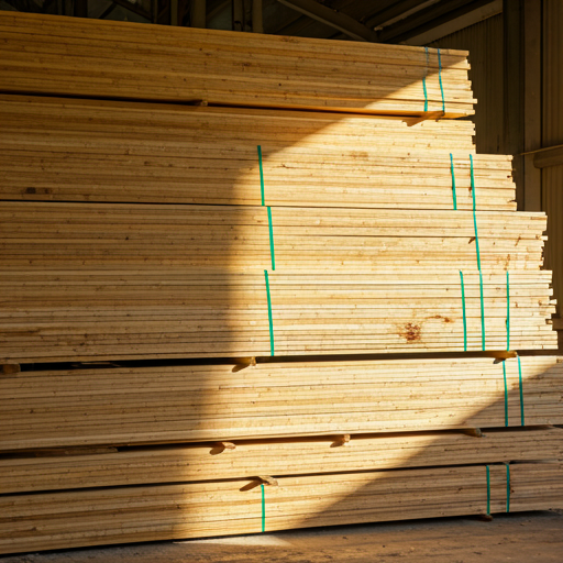 Raw timber slabs stacked in a sunlit warehouse